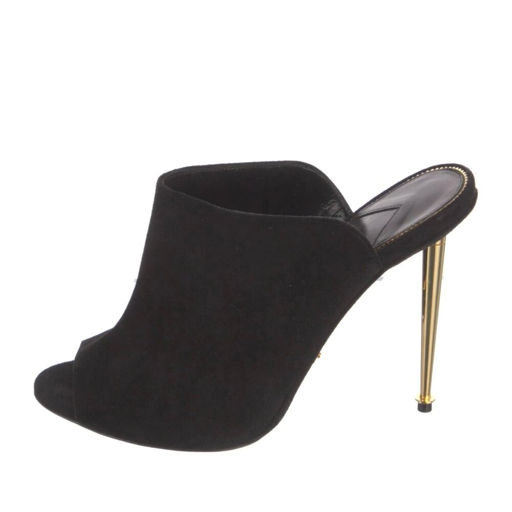Tom‎ Ford Black Suede Peep-Toe Mules With Gold Stiletto Heel Size 35